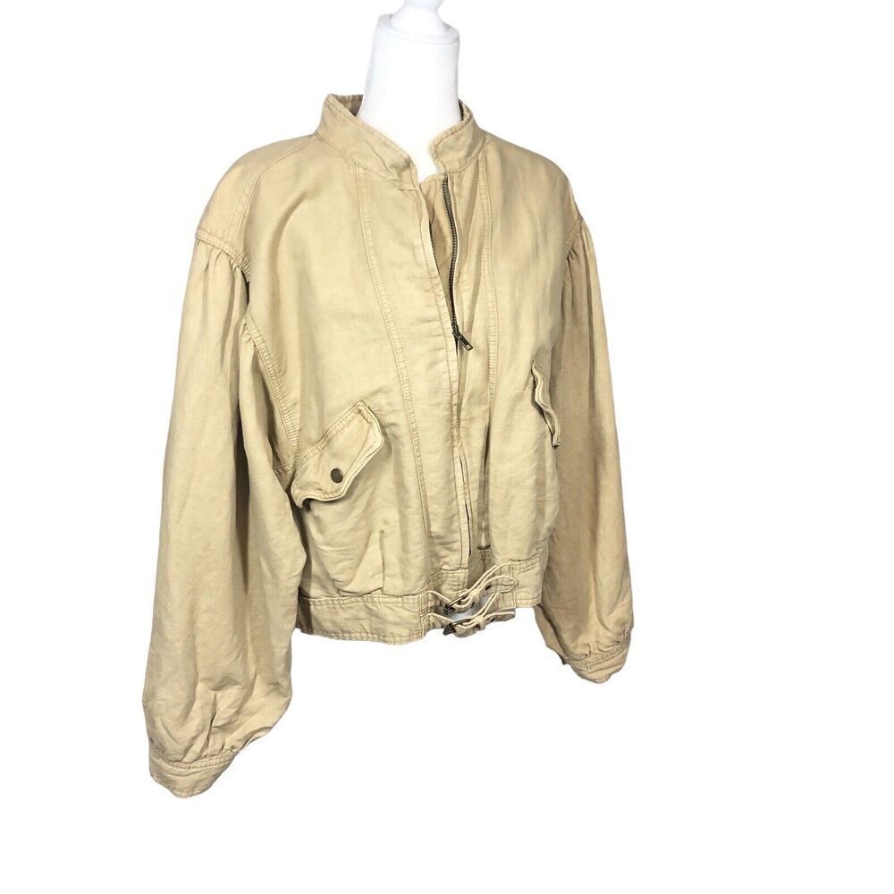 Free People Jacket Womens‎ Size M Tan Fawn Poet Puff Sleeve Utility Bomber Coat - Picture 10 of 14